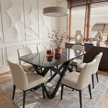 56"-88"Black Marble Dining Table with White Vein & Black X-Shaped Legs for 6