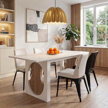 60"-80"Modern White Dining Table, Rectangular Kitchen Table with Stylish Wood Accent Base