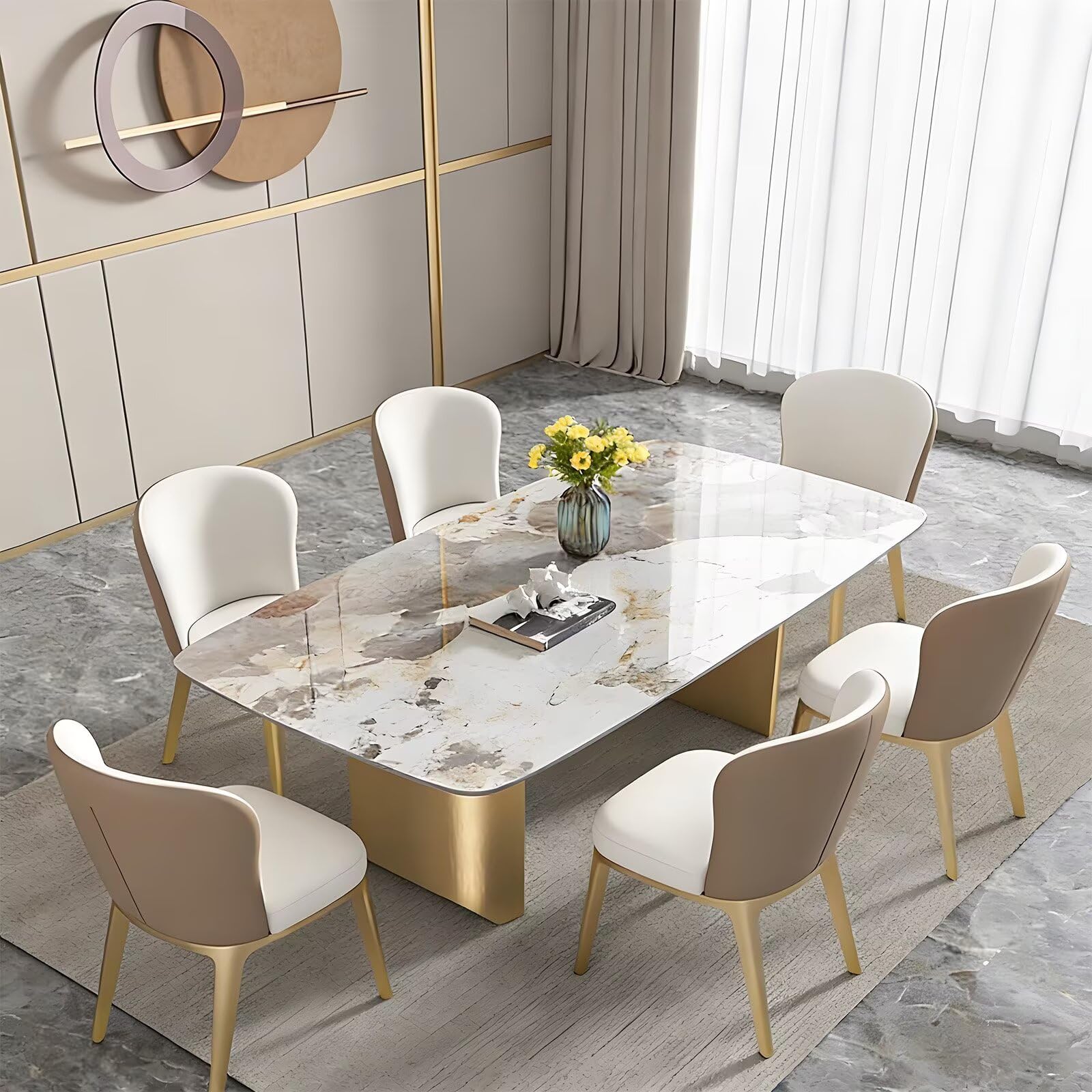 60"-70"Luxury Rectangular Dining Table with Marble Top & Gold Base for 6 People