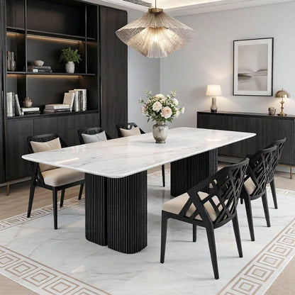 56"-96"White Marble Dining Table with Black Fluted Base for 6-8 People