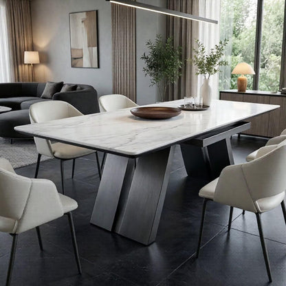 56"-88"Contemporary White Marble Dining Table with Matte Black Metal Base