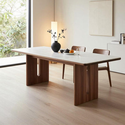 60"-80"White Marble & Walnut Wood Dining Table, Modern Rectangular Kitchen Table for Home