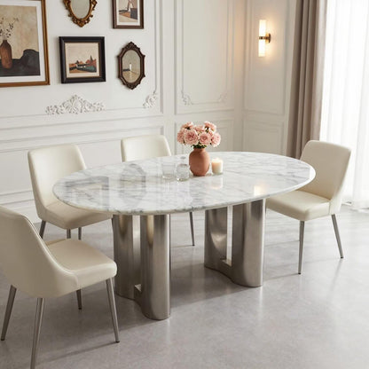 56"-88"Oval White Marble Dining Table with Polished Stainless Steel Base for 6