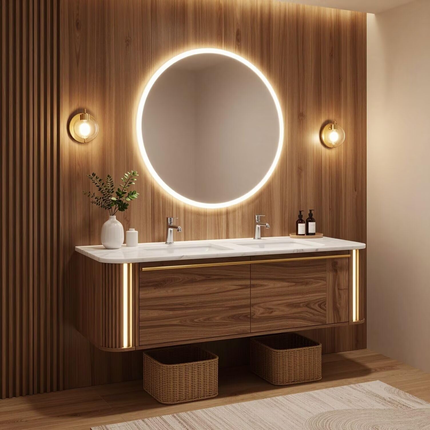 60"-84"Double Sink Floating Vanity with LED Round Mirror,Walnut Finish