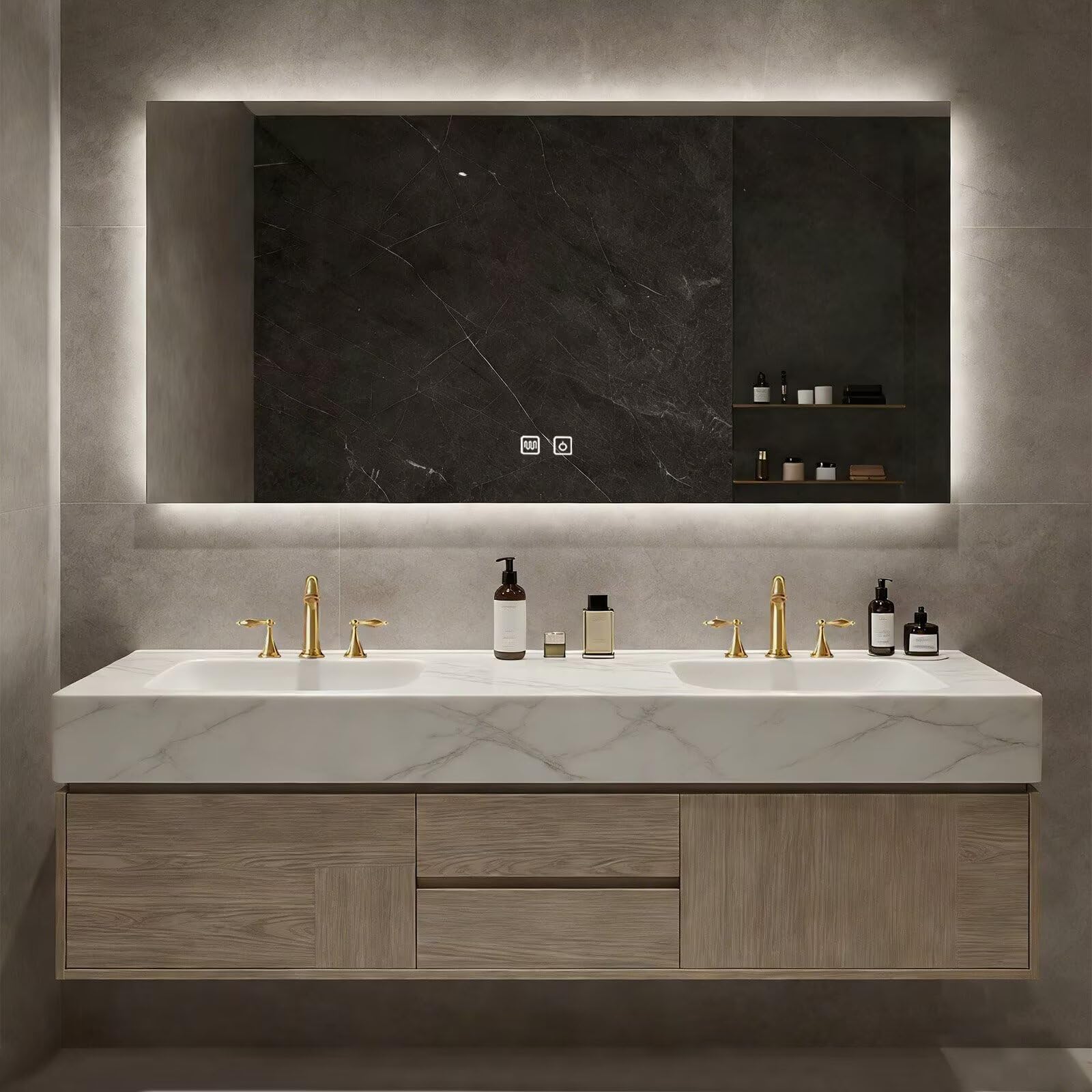60”-84”Double Sink Floating Bathroom Vanity with LED Backlit Mirror, Wall Mounted Light Oak Vanity with White Marble Top