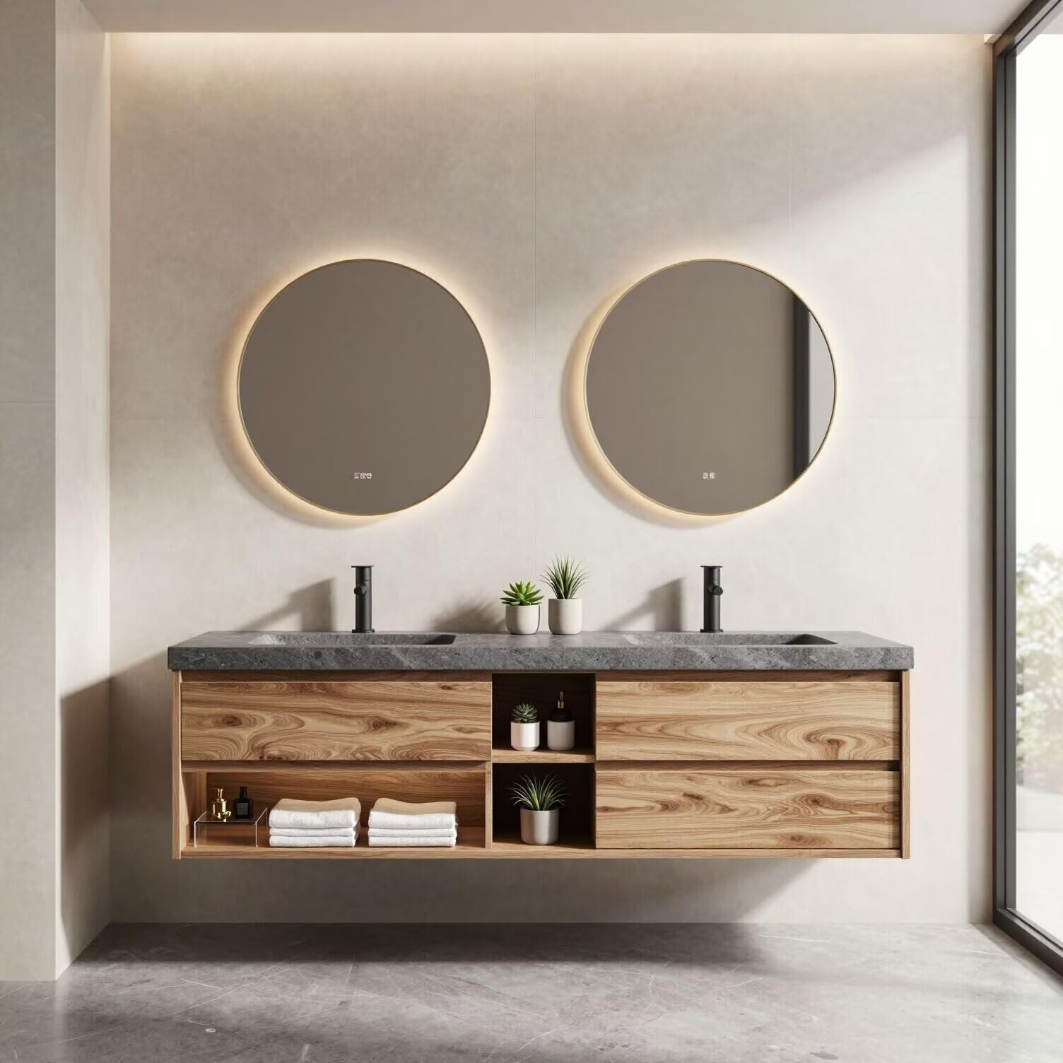60”-84”Double Sink Floating Bathroom Vanity with LED Round Mirrors