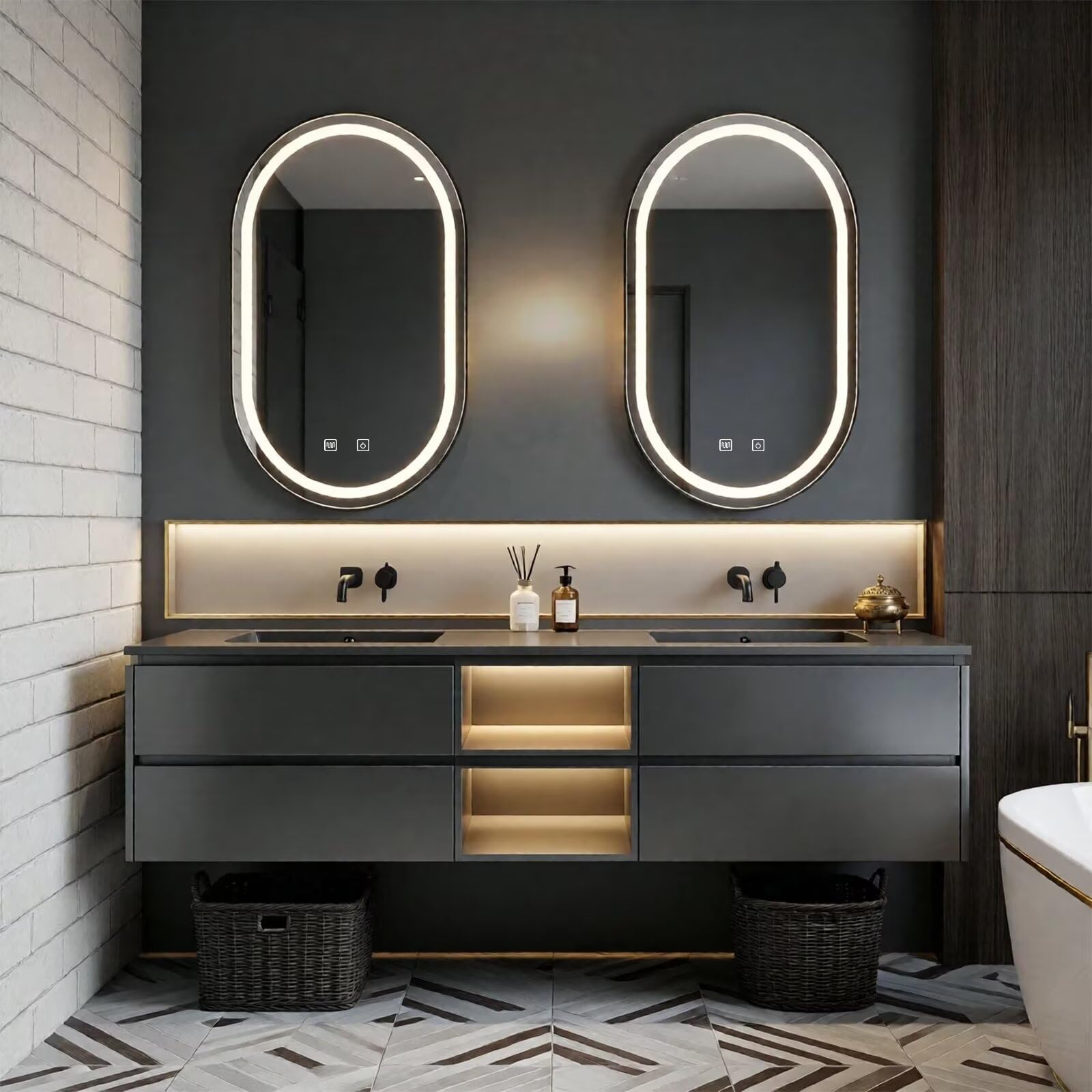 60”-84”Double Sink Floating Bathroom Vanity with LED Oval Mirrors, Dark Gray Cabinet & Gold Accents