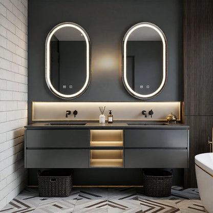 60”-84”Double Sink Floating Bathroom Vanity with LED Oval Mirrors, Dark Gray Cabinet & Gold Accents