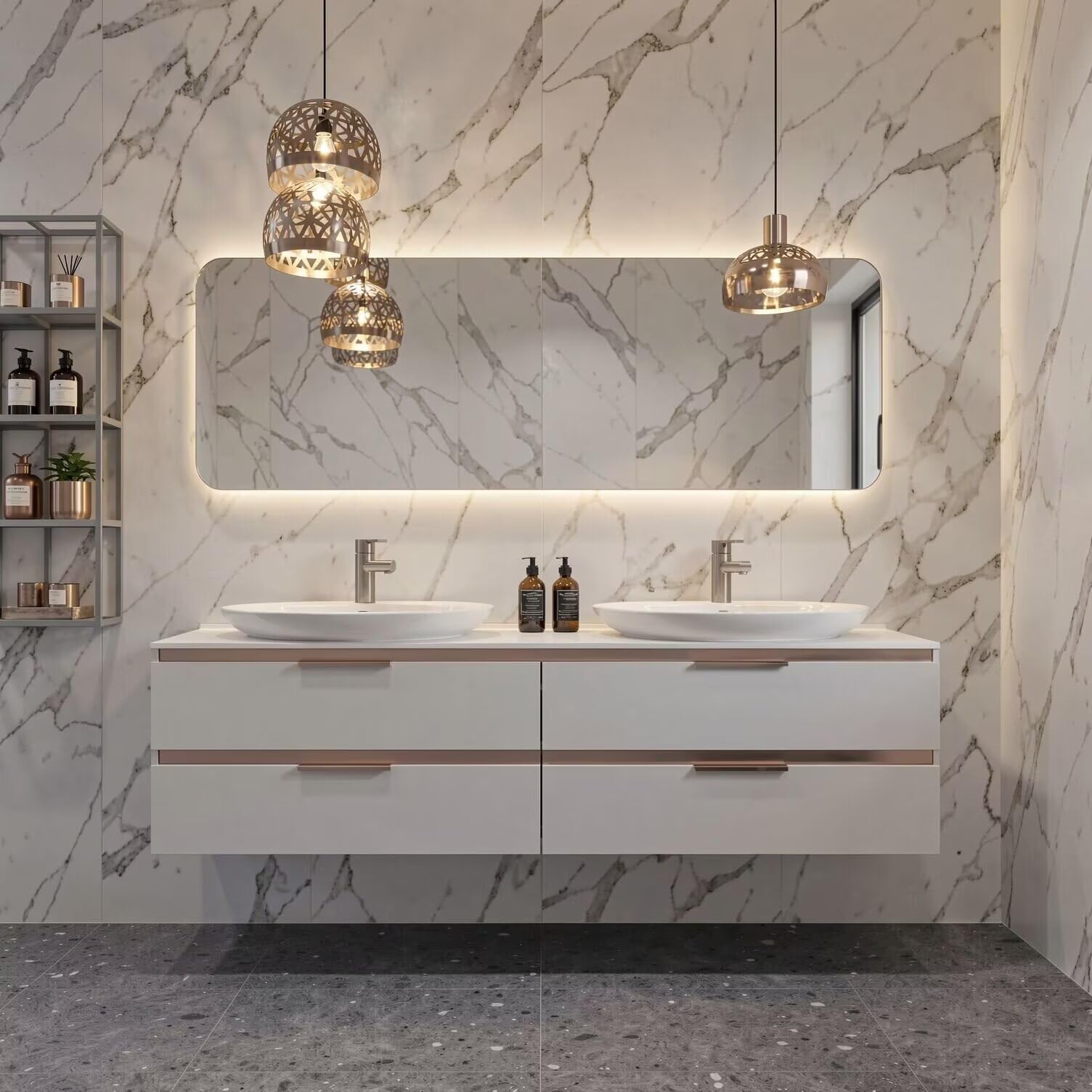 60”-84”Modern Double Sink Floating Vanity with LED Mirror, White Cabinet & Rose Gold Trim