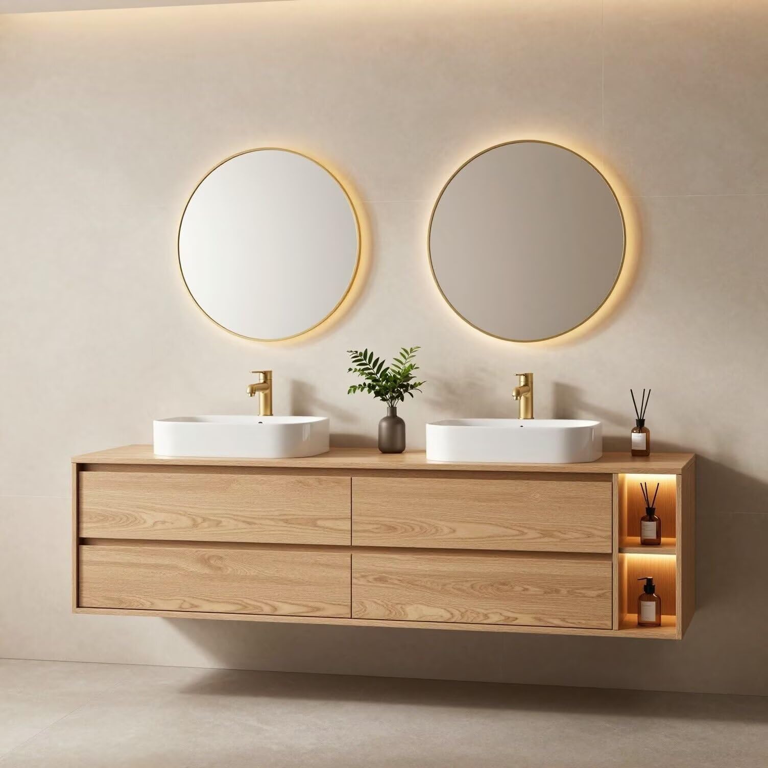 60"-96"Modern Oak Floating Bathroom Vanity with Double Vessel Sinks & LED Side Shelves