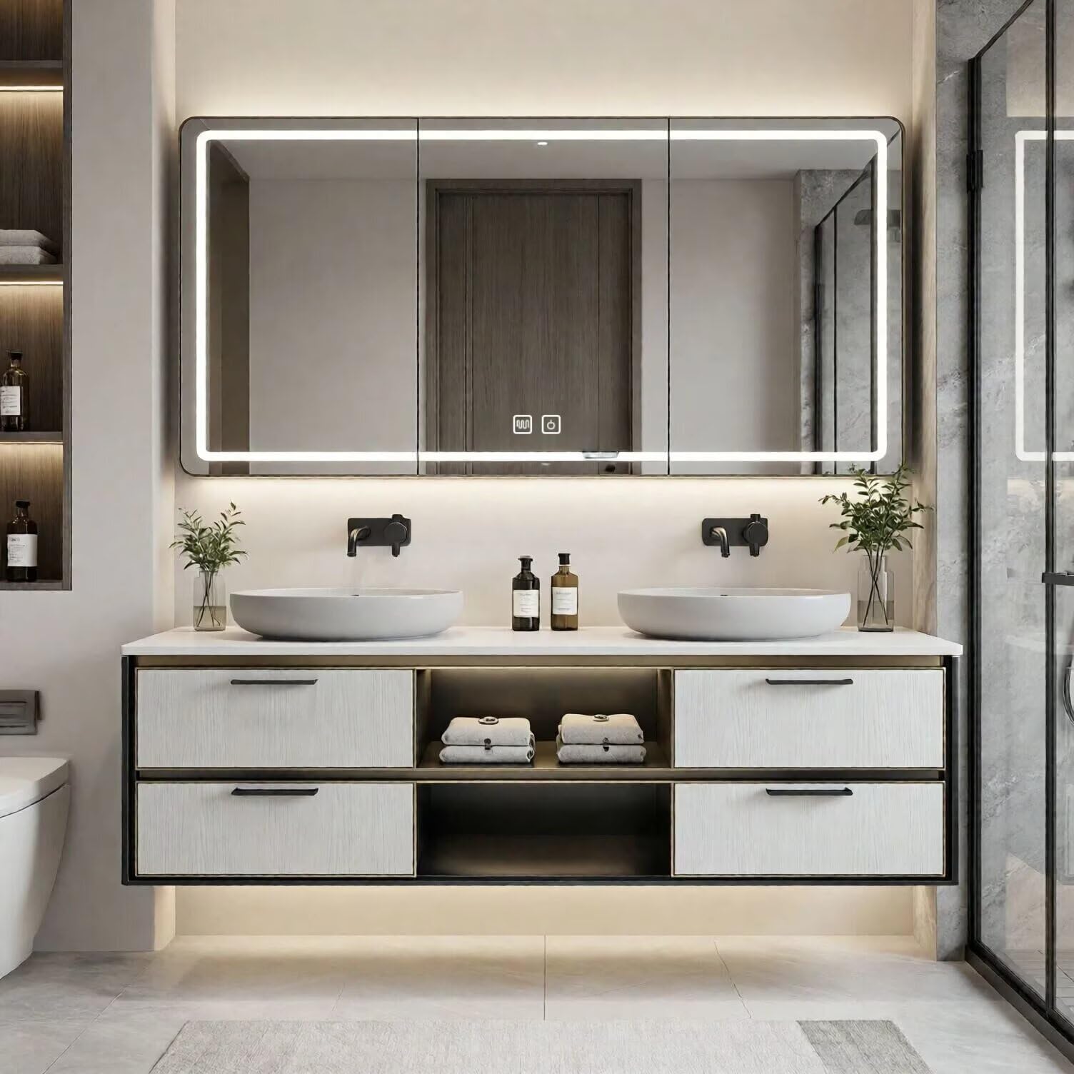 60"-84"Modern Floating Bathroom Vanity Set with LED Mirror & Open Shelves