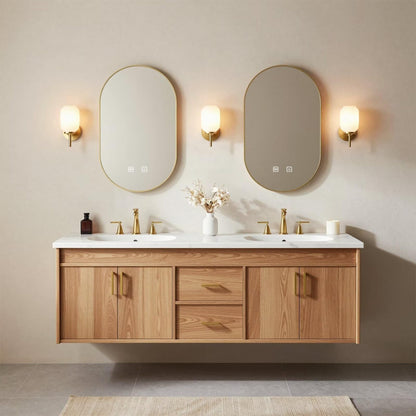 60"-84"Floating Oak Bathroom Vanity with Double Sinks & LED Oval Mirrors