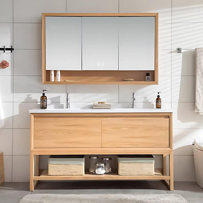60”-76”Double Sink Freestanding Bathroom Vanity with Mirror Cabinet, Light Oak Wood Cabinet