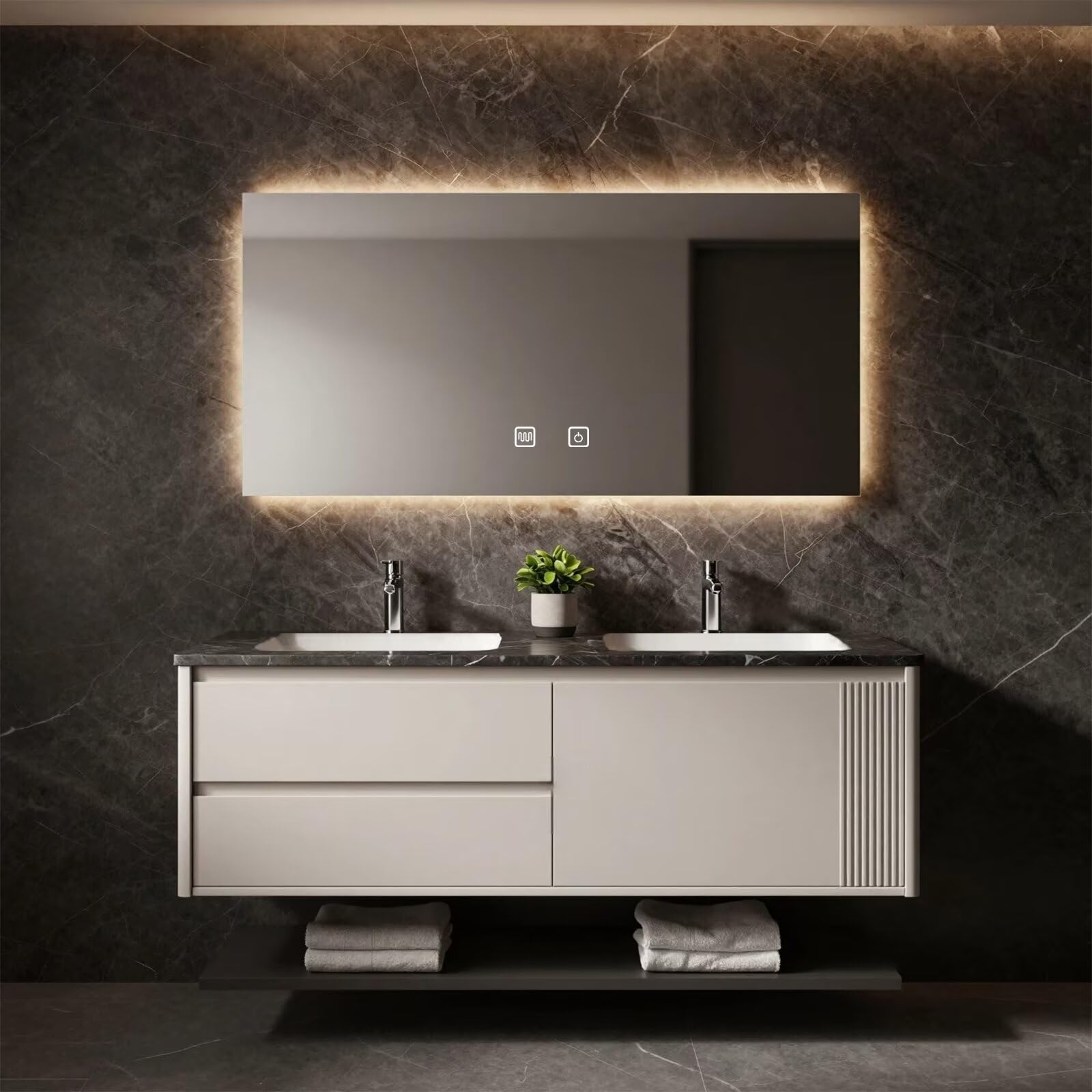 60”-84” Double Floating Vanity, Light Beige Cabinet with LED Backlit Mirror