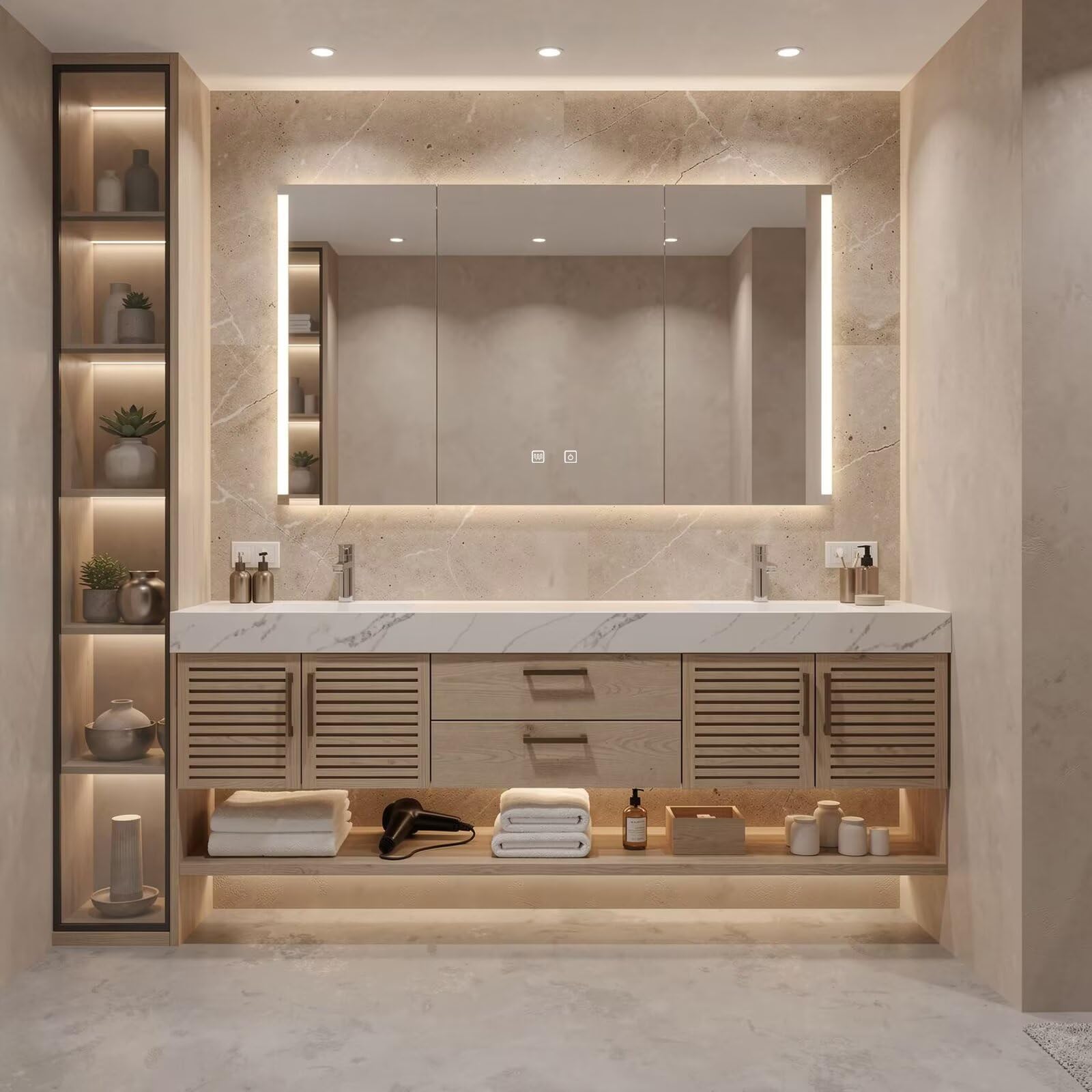 60”-84”Double Floating Vanity, Light Wood Cabinet with LED Marble Top & Shutter Doors