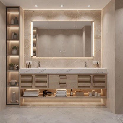 60”-84”Double Floating Vanity, Light Wood Cabinet with LED Marble Top & Shutter Doors