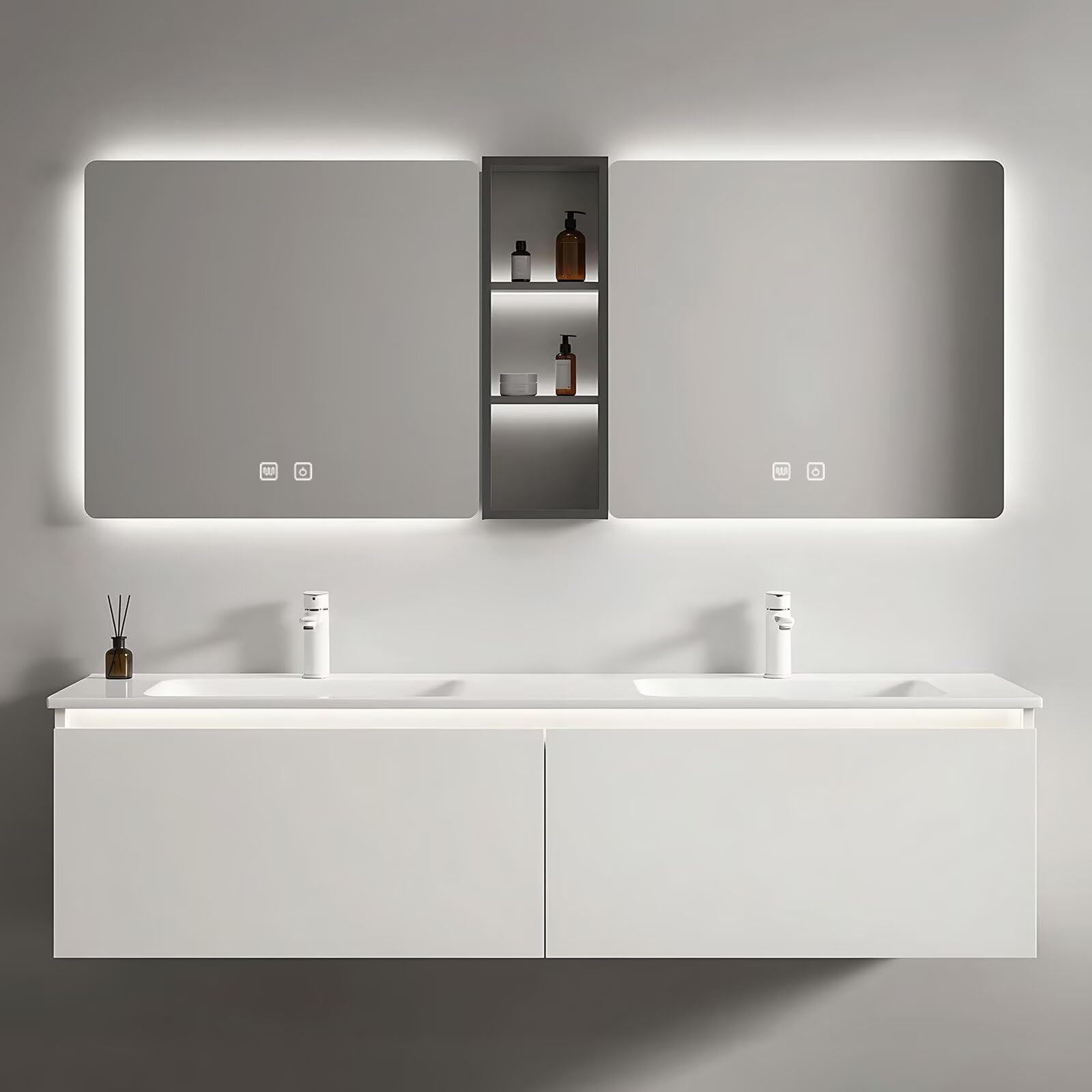 60”-84” Double Sink Floating Bathroom Vanity with LED Mirrors & Open Shelf, Wall Mounted White Vanity with Integrated Top