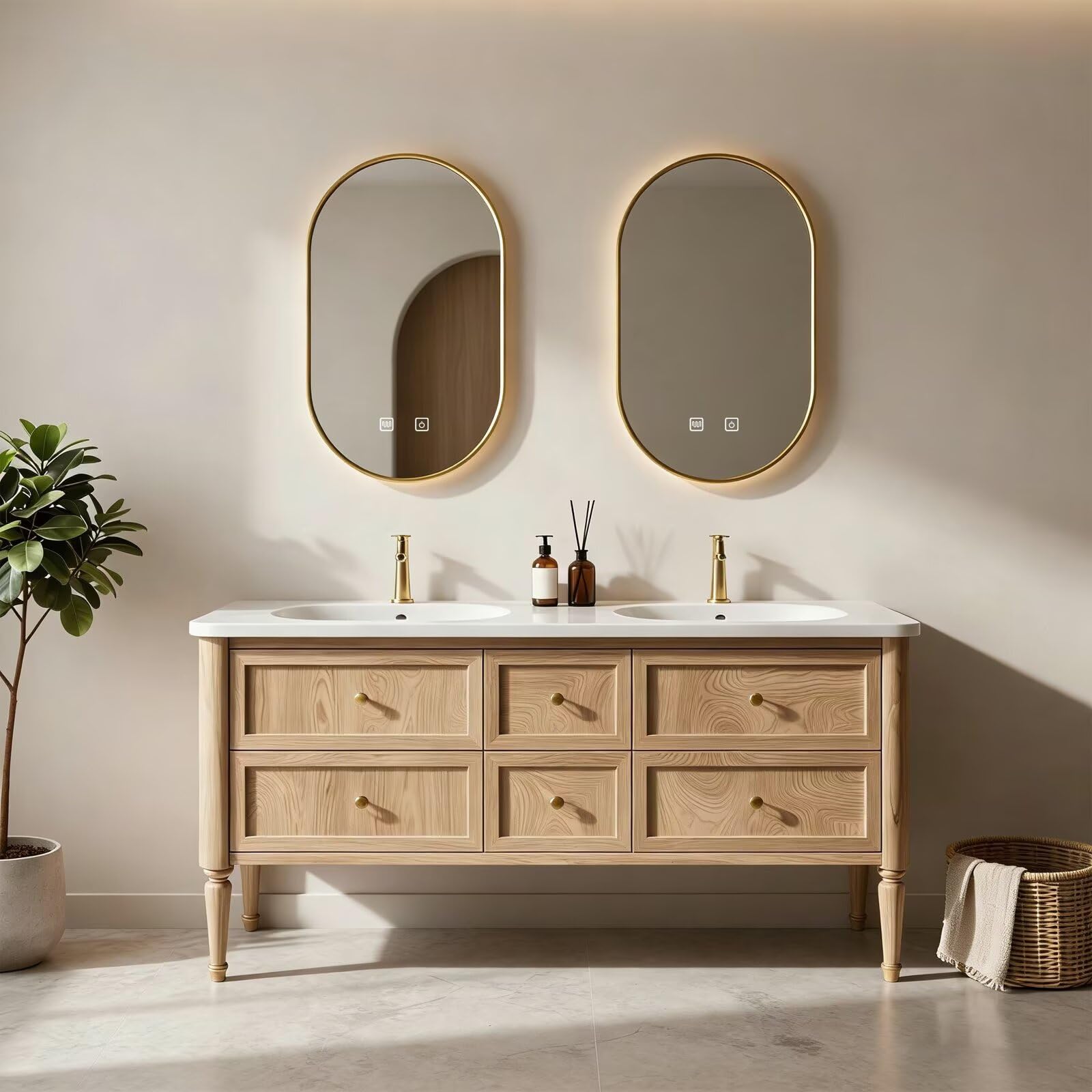 60"-84"Modern Light Oak Bathroom Vanity Set with Gold Hardware & White Top