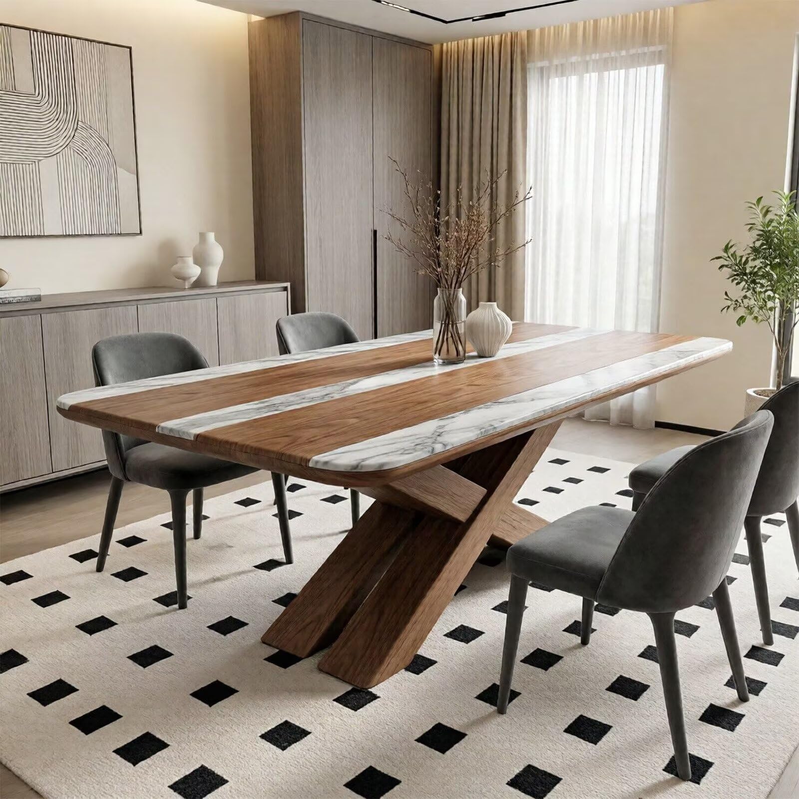 60"-80"Modern Farmhouse Dining Table with Walnut Wood & White Marble Striped Top, 6-Seater