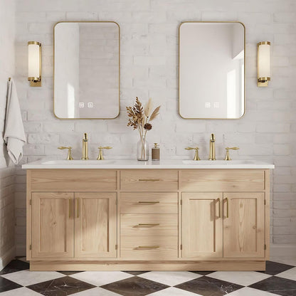 60”-96” Double Sink Freestanding Bathroom Vanity with 2 Gold LED Mirrors, Light Oak Wood Vanity with White Marble Top