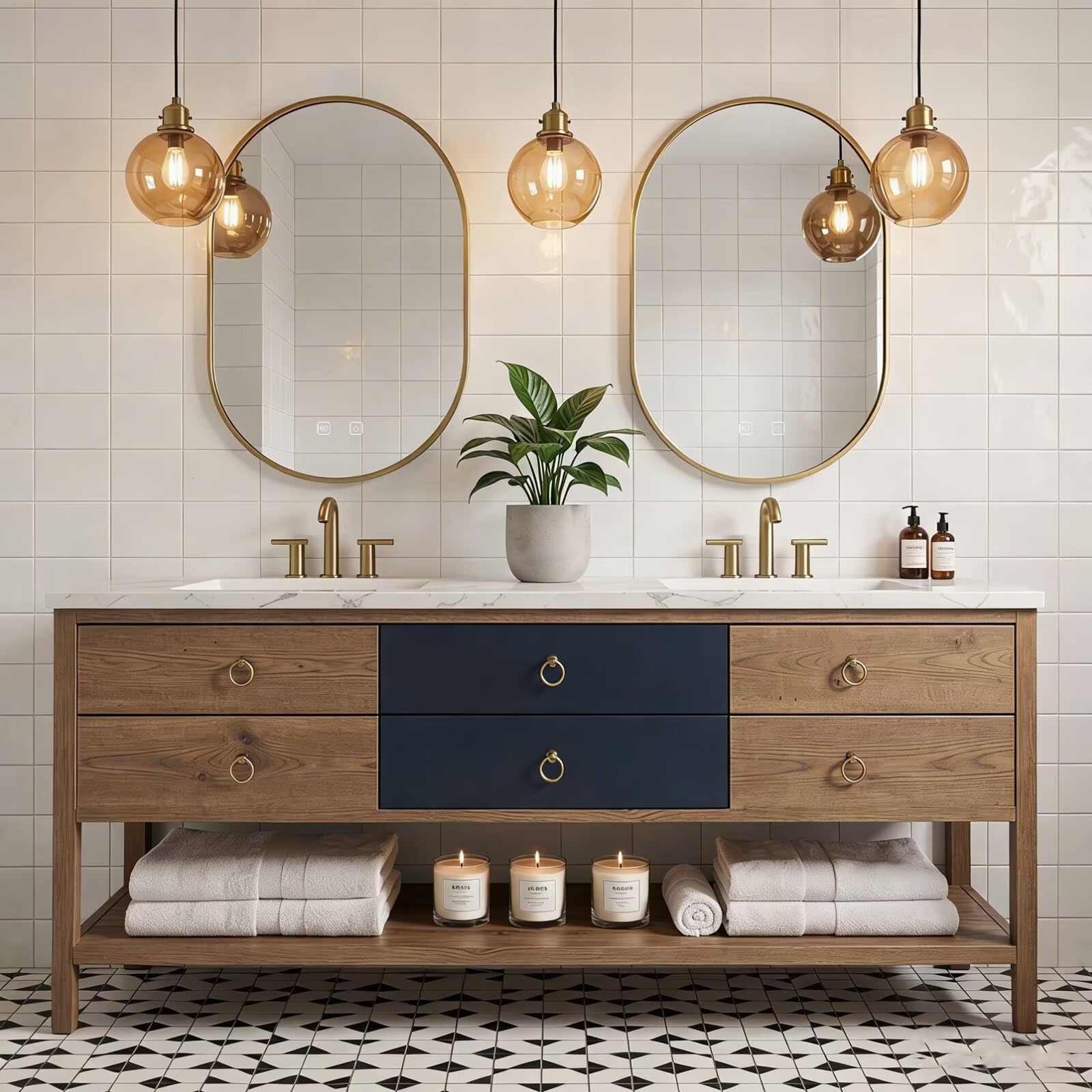 60"-96"Freestanding Bathroom Vanity with Open Shelf & Round Gold Hardware