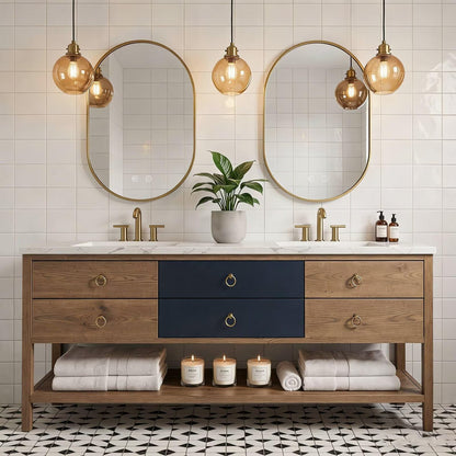 60"-96"Freestanding Bathroom Vanity with Open Shelf & Round Gold Hardware