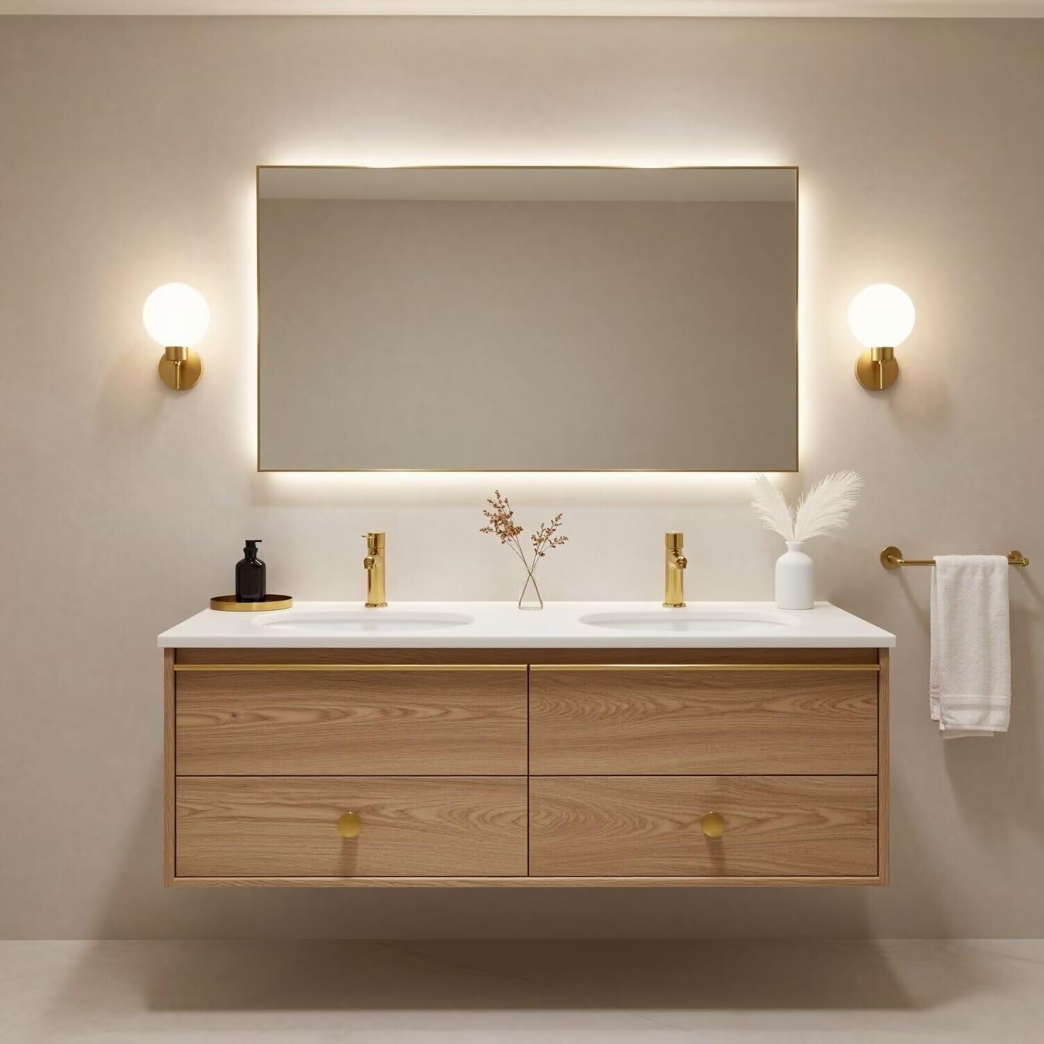 60"-84"Light Oak Floating Bathroom Vanity Set with Gold Hardware & LED Mirror