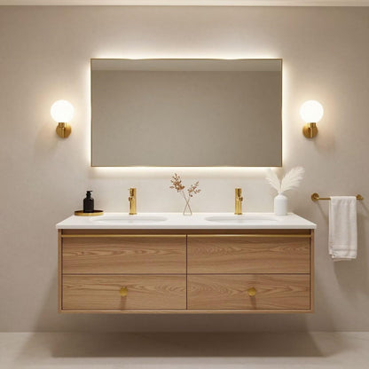 60"-84"Light Oak Floating Bathroom Vanity Set with Gold Hardware & LED Mirror