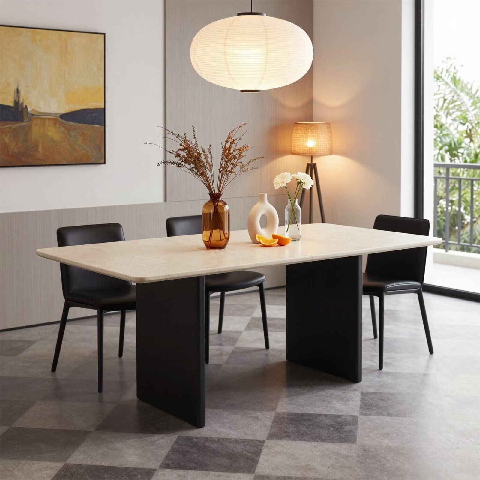 60"-80"Modern Rectangular Dining Table, Light Travertine Top with Matte Black Legs