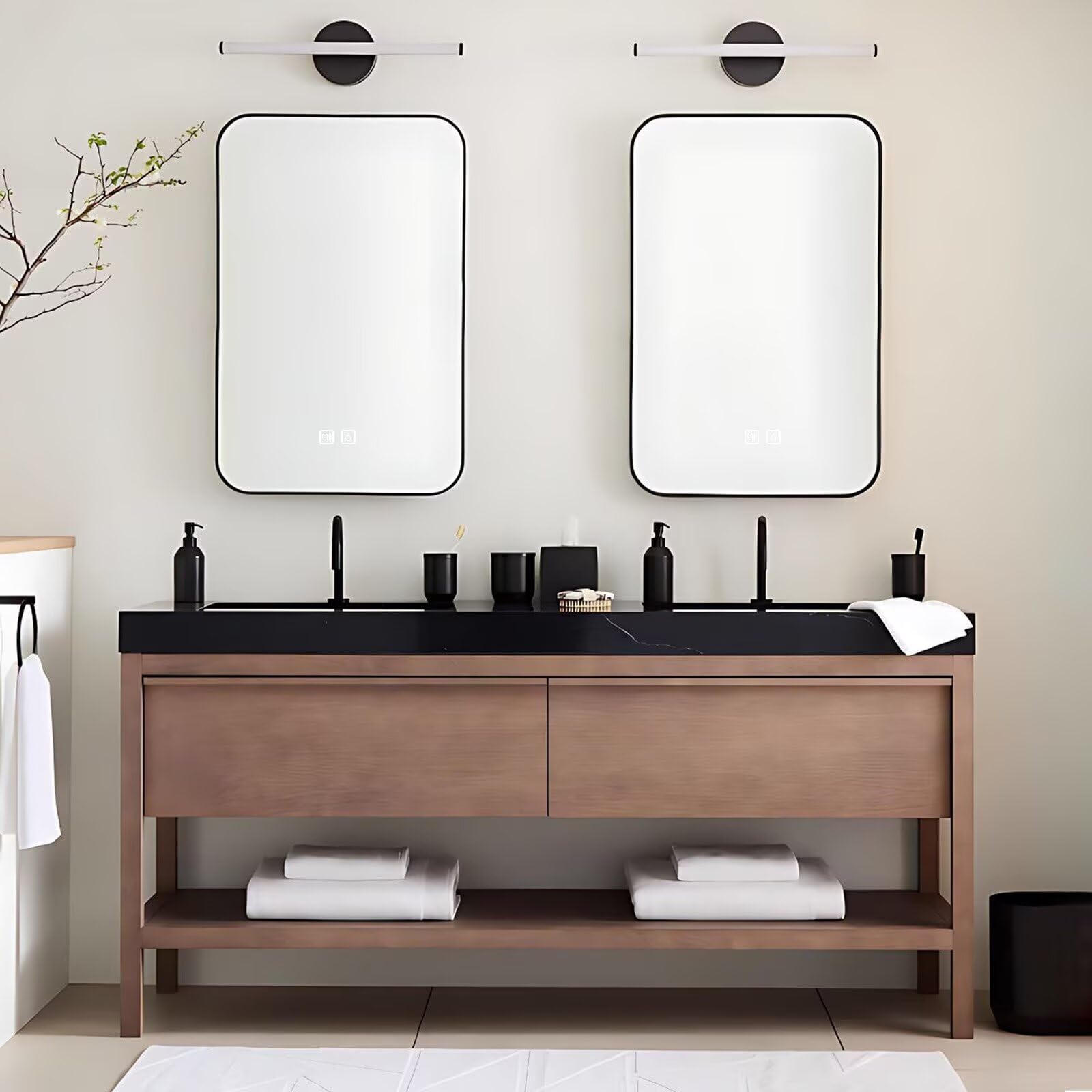 60”-84”Double Sink Freestanding Bathroom Vanity, Light Oak Cabinet with Black Marble Top