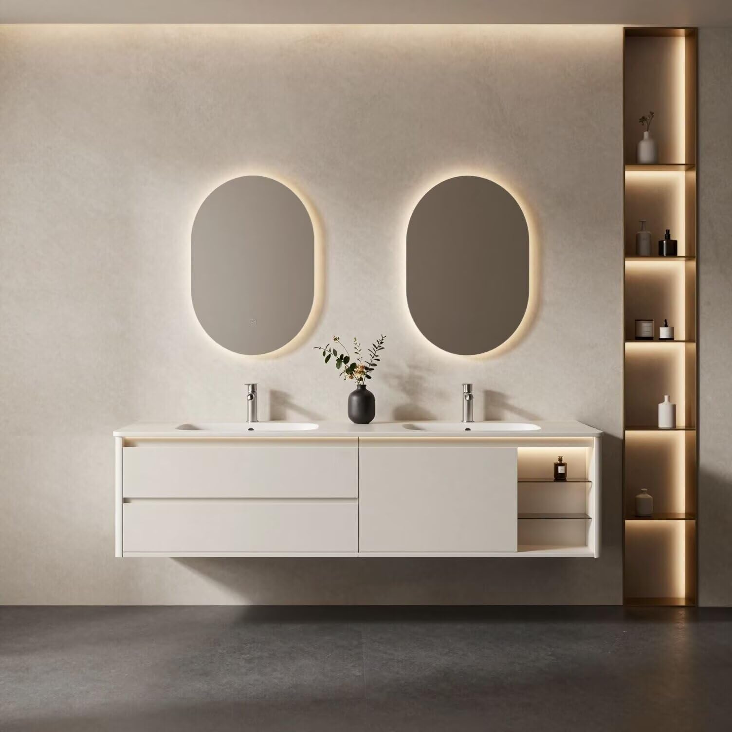 60"-84"Wall Mounted White Bathroom Vanity with Double Sinks & Open Shelf Storage