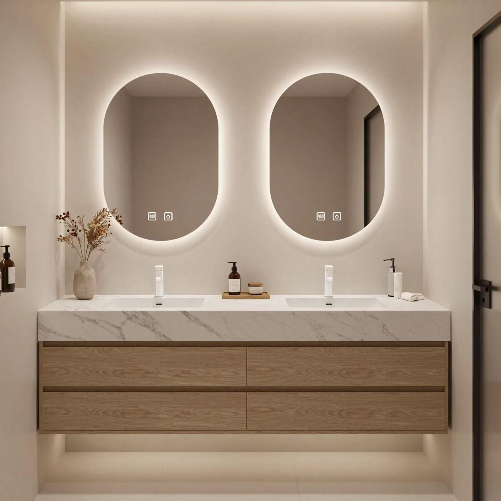 60”-84”Light Wood Floating Bathroom Vanity with Marble Top & Dual LED Mirrors