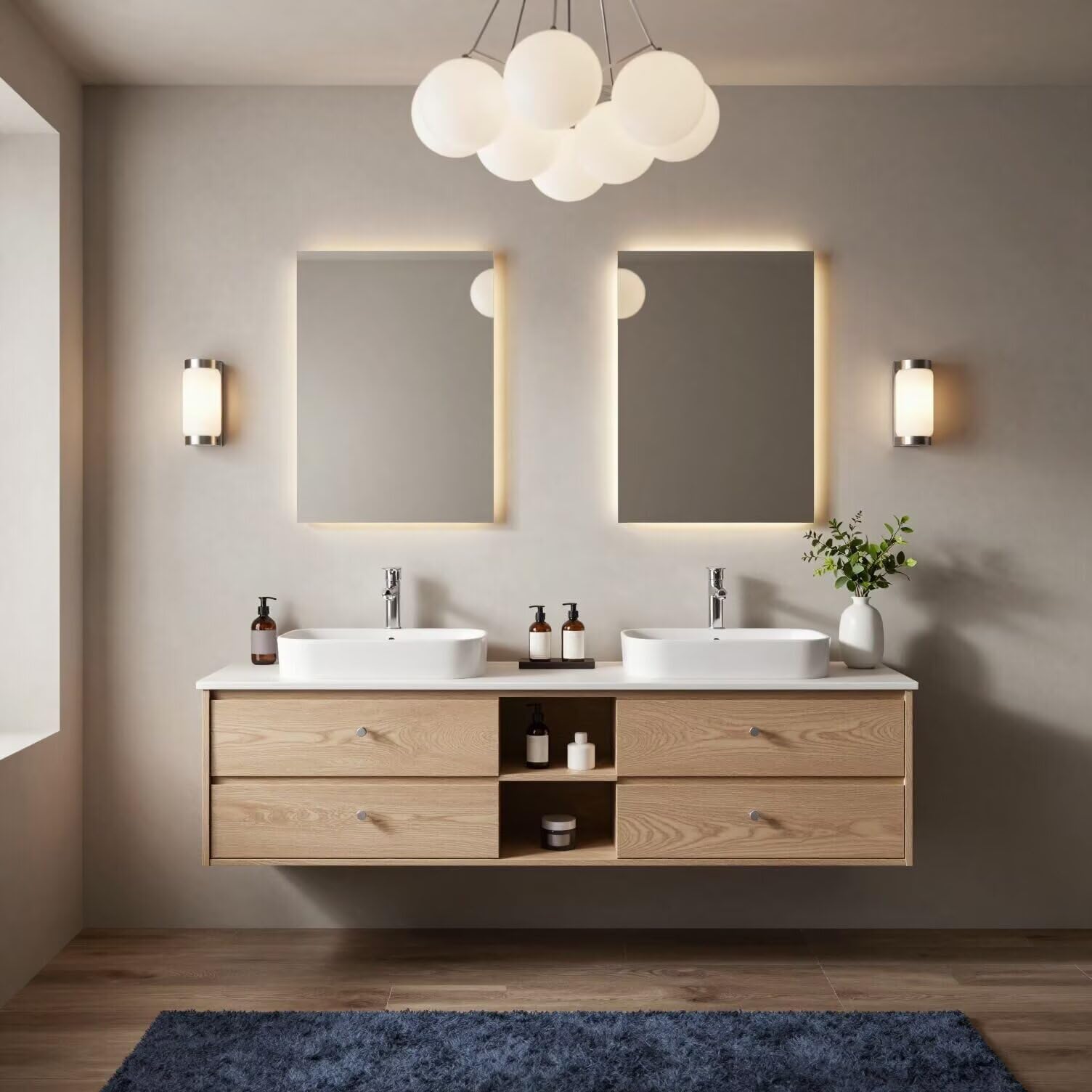 60"-84"Light Oak Floating Bathroom Vanity with Double Sinks & LED Backlit Mirrors
