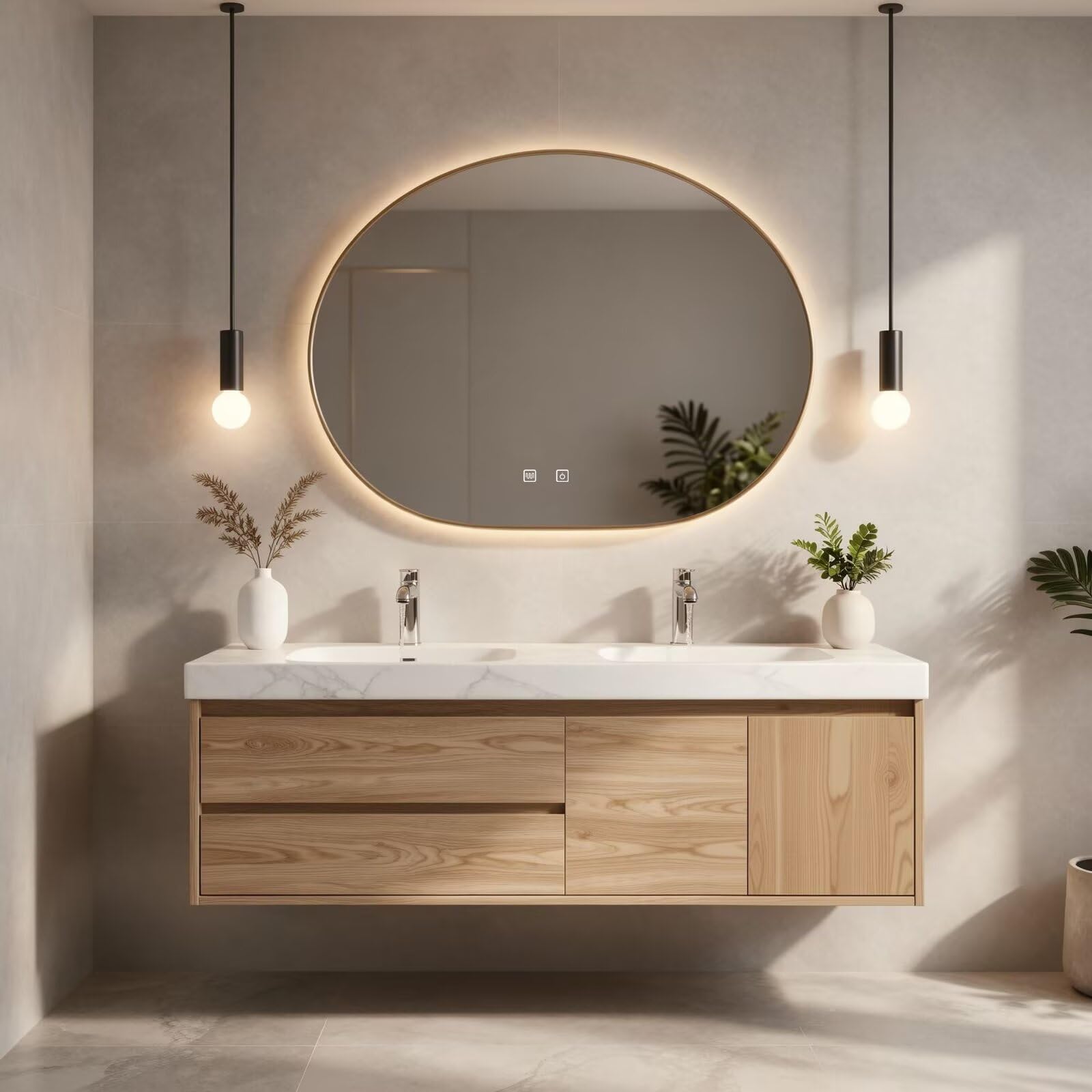 60”-84”Double Sink Floating Bathroom Vanity with Round LED Mirror, Light Oak Wood Cabinet