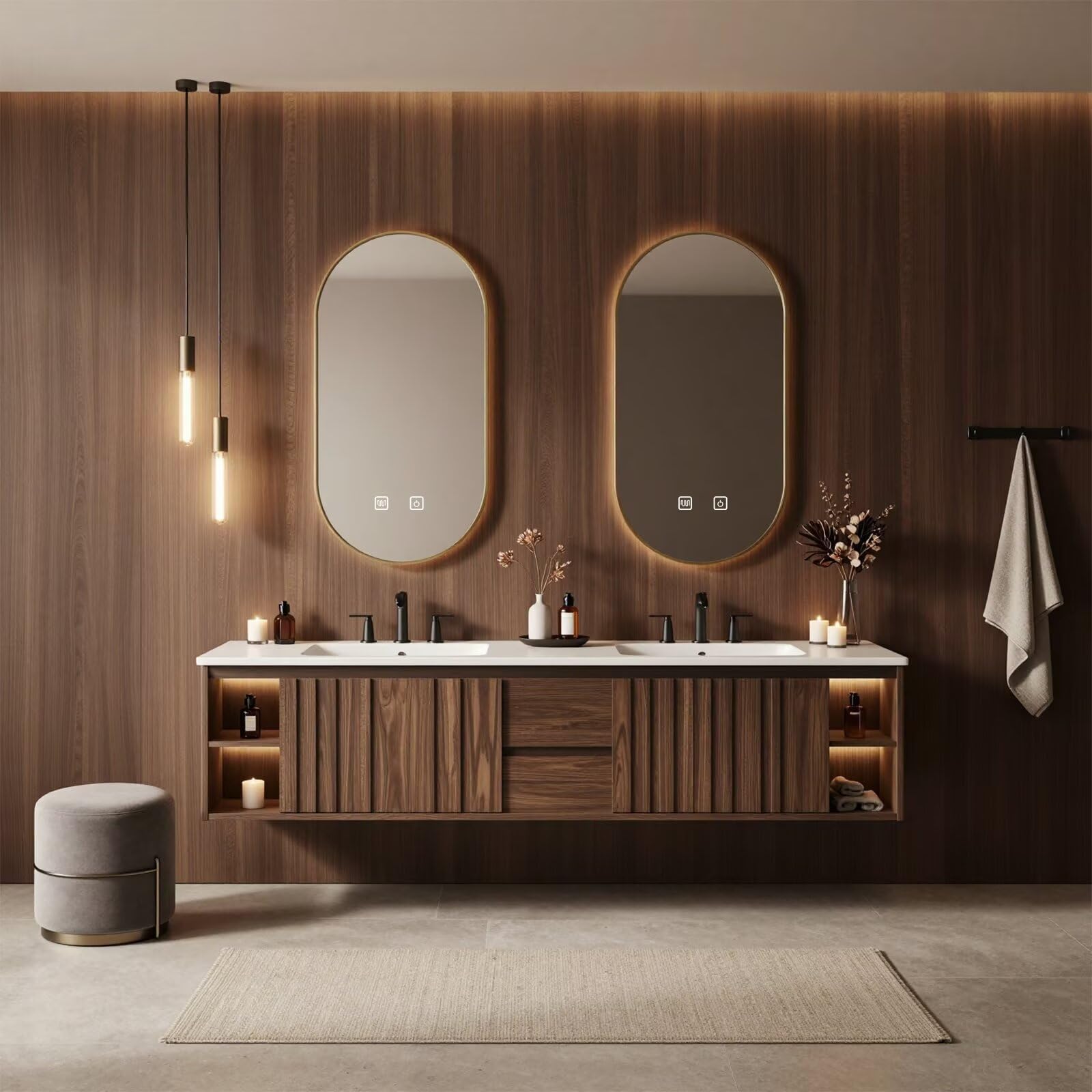 60”-84”Double Sink Floating Bathroom Vanity with LED Oval Mirrors, Walnut Fluted Cabinet