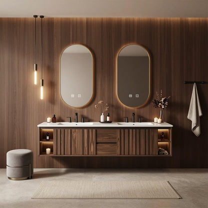 60”-84”Double Sink Floating Bathroom Vanity with LED Oval Mirrors, Walnut Fluted Cabinet