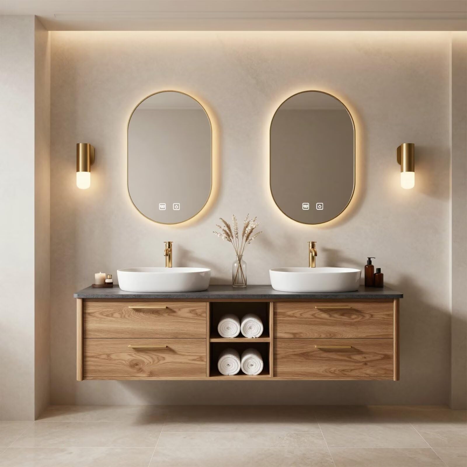 60”-96” Light Oak Floating Bathroom Vanity with Double Sinks & LED Oval Mirrors