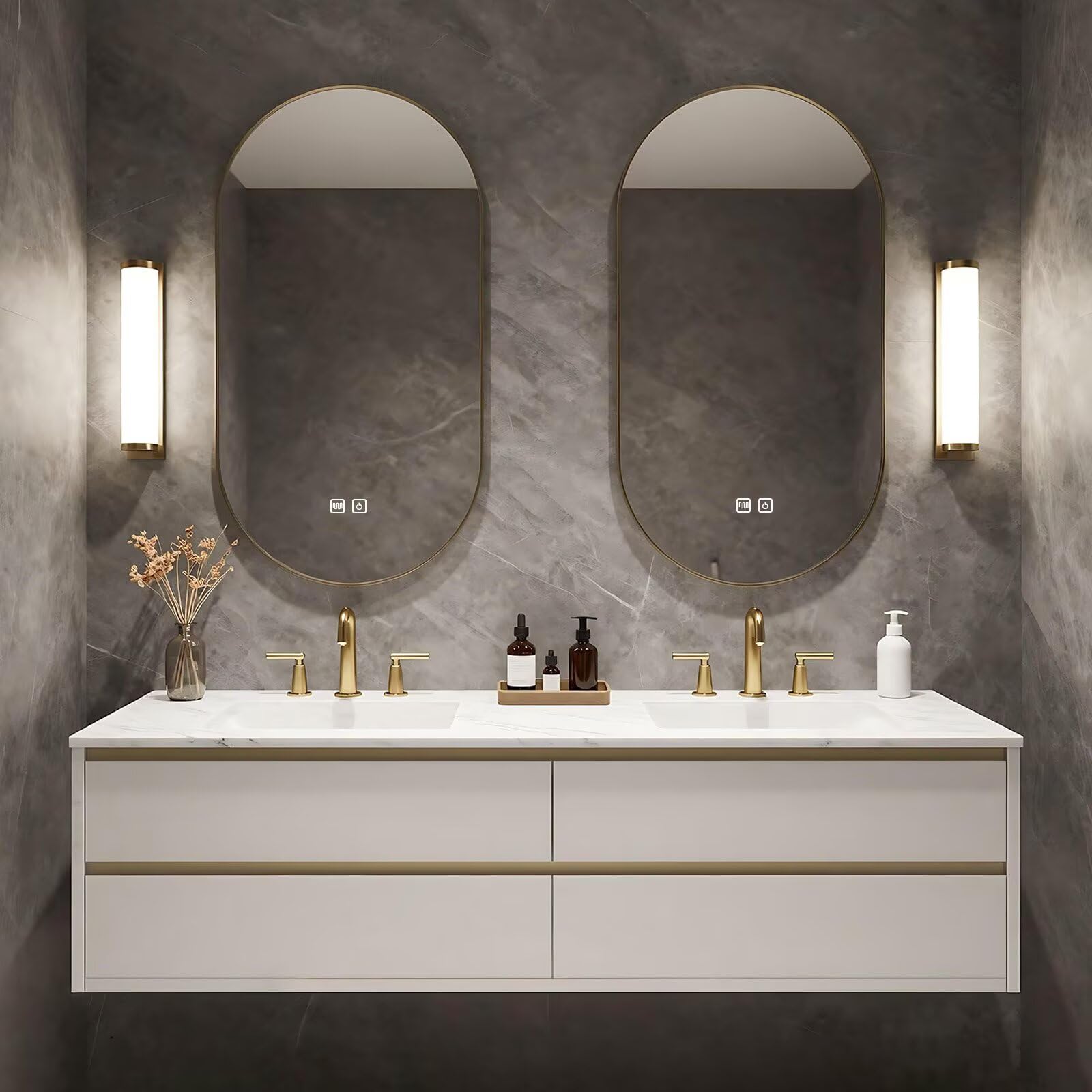 60”-84”Double Sink Floating Bathroom Vanity, White & Gold Cabinet with Arch LED Mirrors