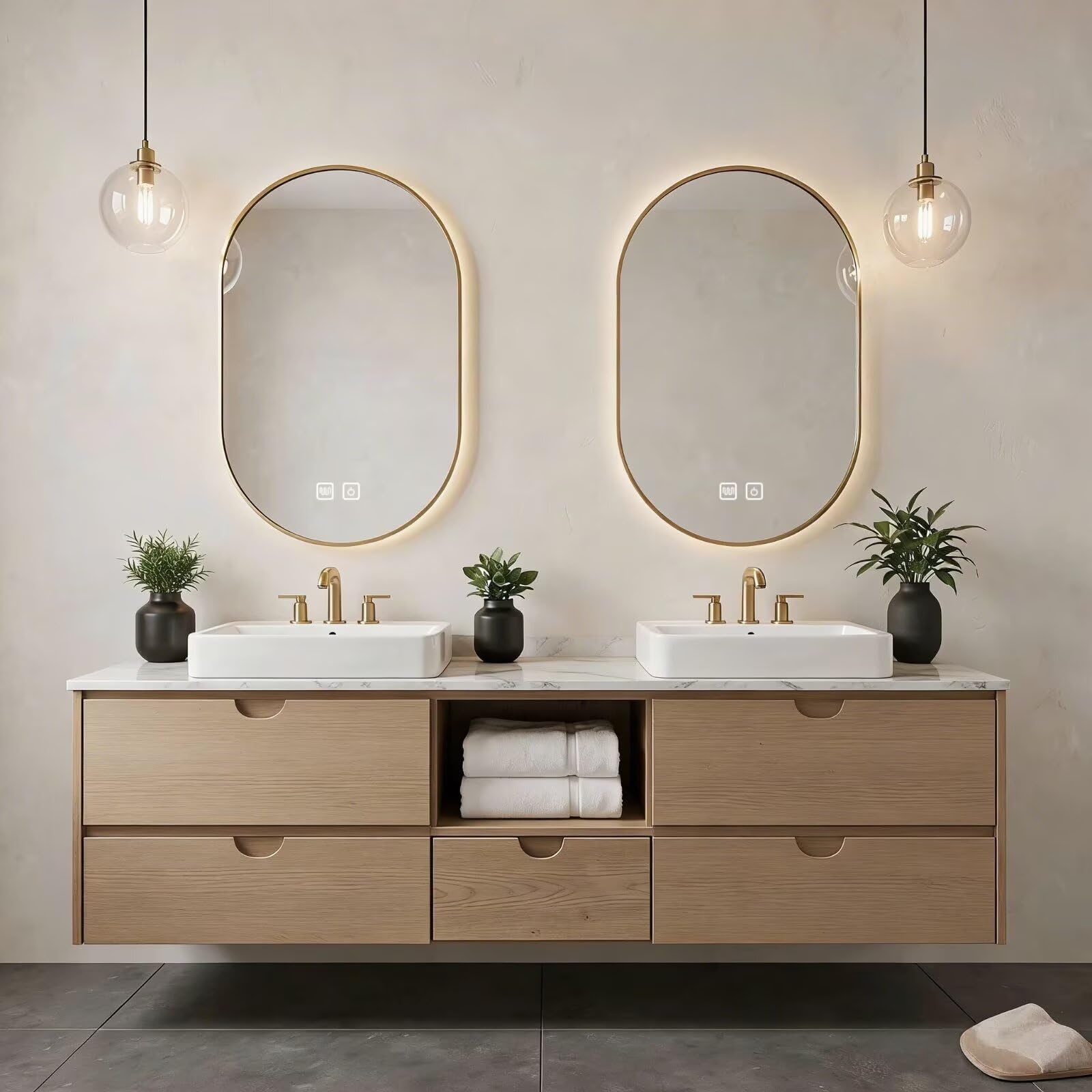 60"-84"Floating Oak Bathroom Vanity with Double Sinks & LED Oval Mirrors