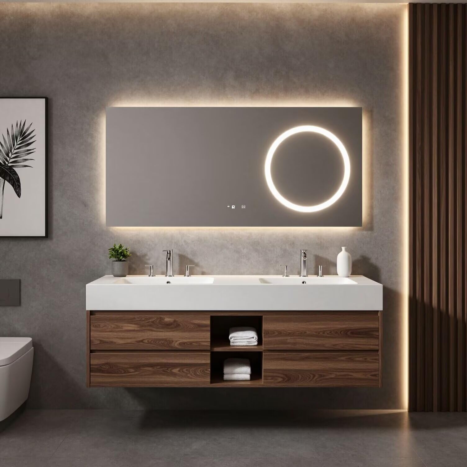 60"-84"Dark Walnut Floating Bathroom Vanity Set with LED Mirror & Open Shelves