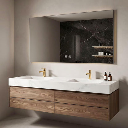 60”-84”Double Sink Floating Bathroom Vanity with LED Mirror, Wall Mounted Walnut Wood Vanity with White Marble Top & Storage