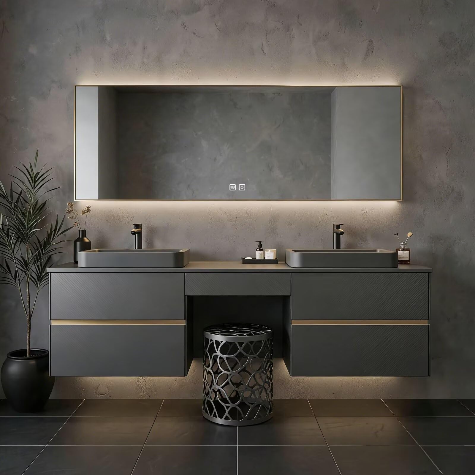 60"-84"Floating Dark Gray Bathroom Vanity with Double Vessel Sinks & LED Mirror