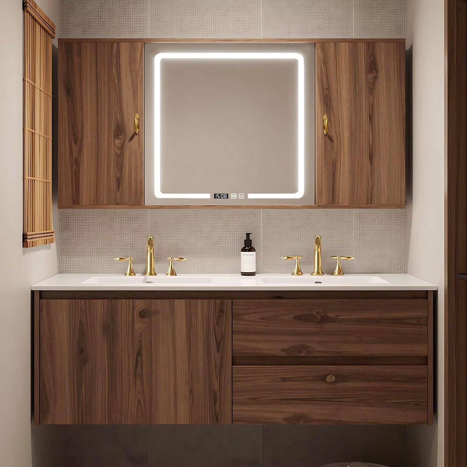 60”-84”Floating Double Sink Bathroom Vanity with LED Smart Mirror, Wall Mounted Walnut Wood Vanity with Storage Cabinets & Drawers