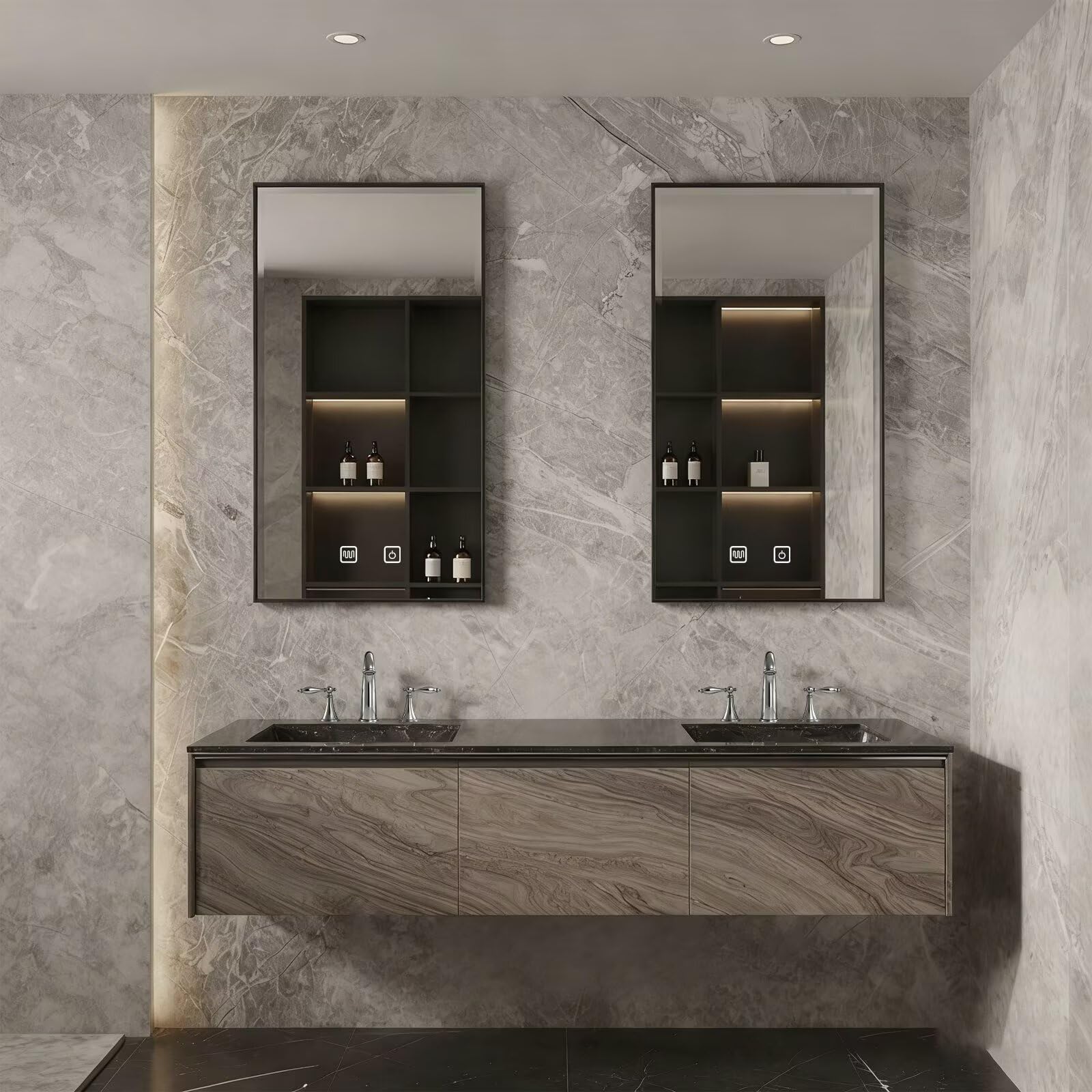 60"-84"Luxury Modern Bathroom Vanity with Black Stone Top & Smart Storage Mirrors