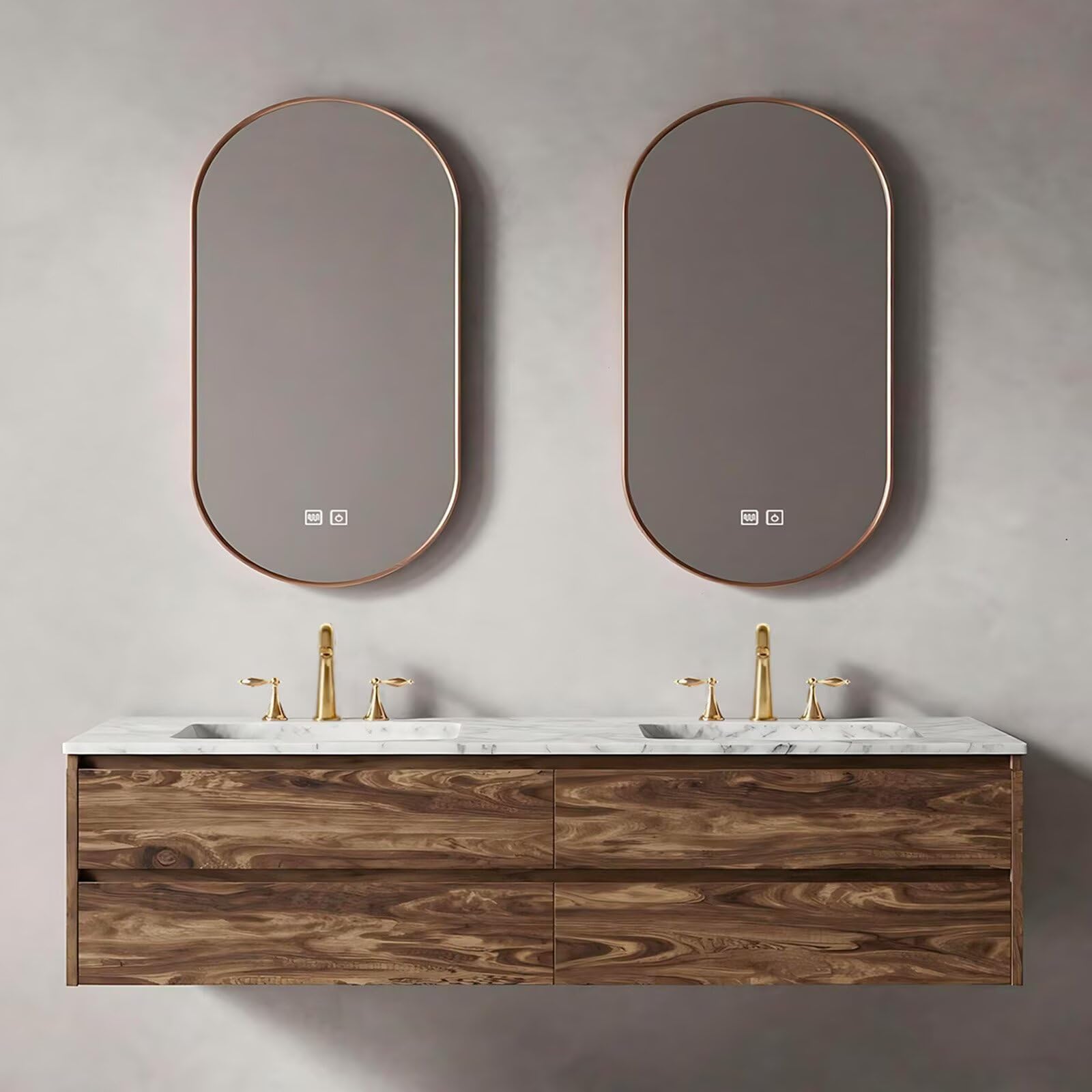 60”-84”Double Sink Floating Bathroom Vanity with Marble Top & Rose Gold LED Mirrors, Wall Mounted Walnut Wood Vanity with Storage Drawers