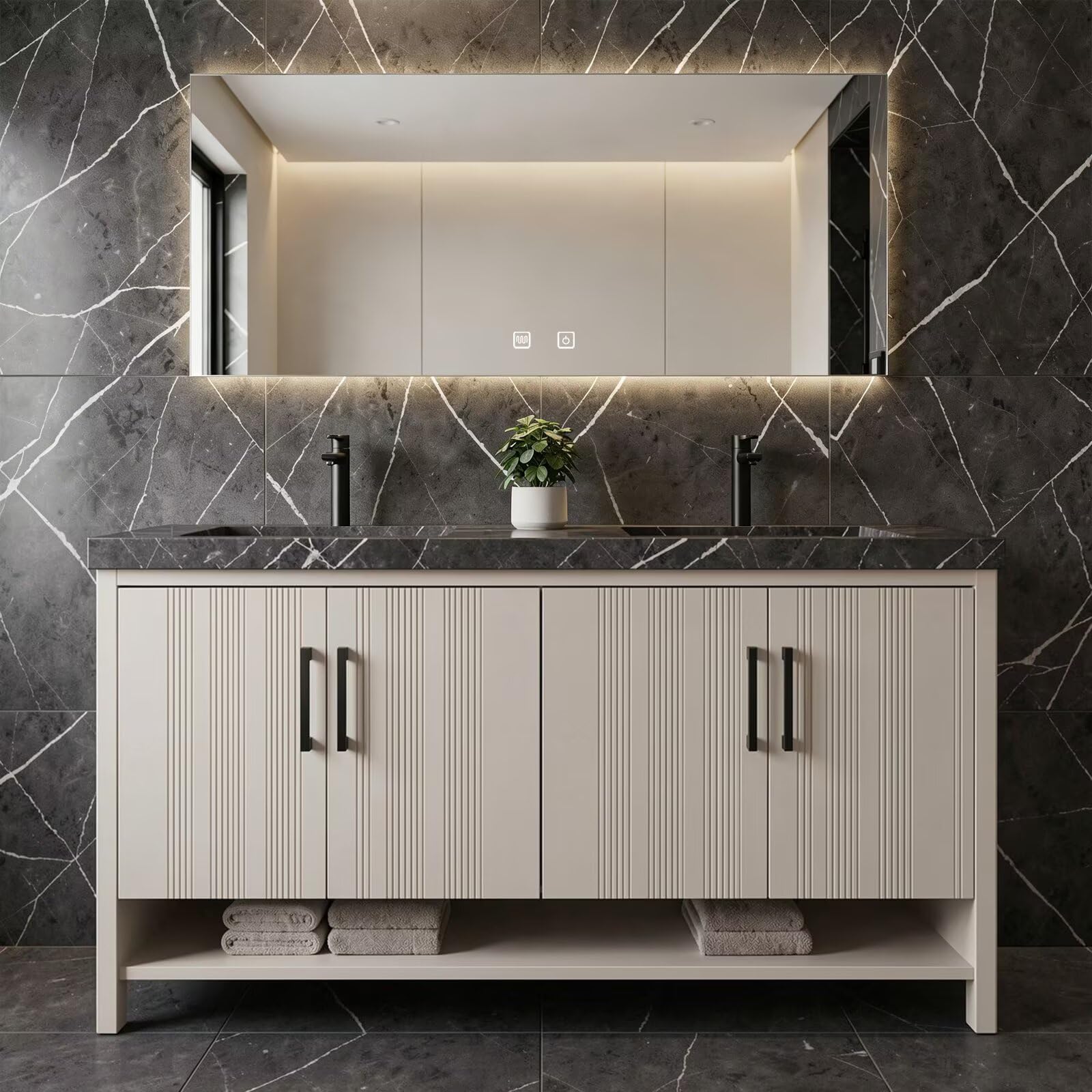 60”-78” Double Vanity, Fluted Panel Cabinet with LED Backlit Mirror, Light Gray