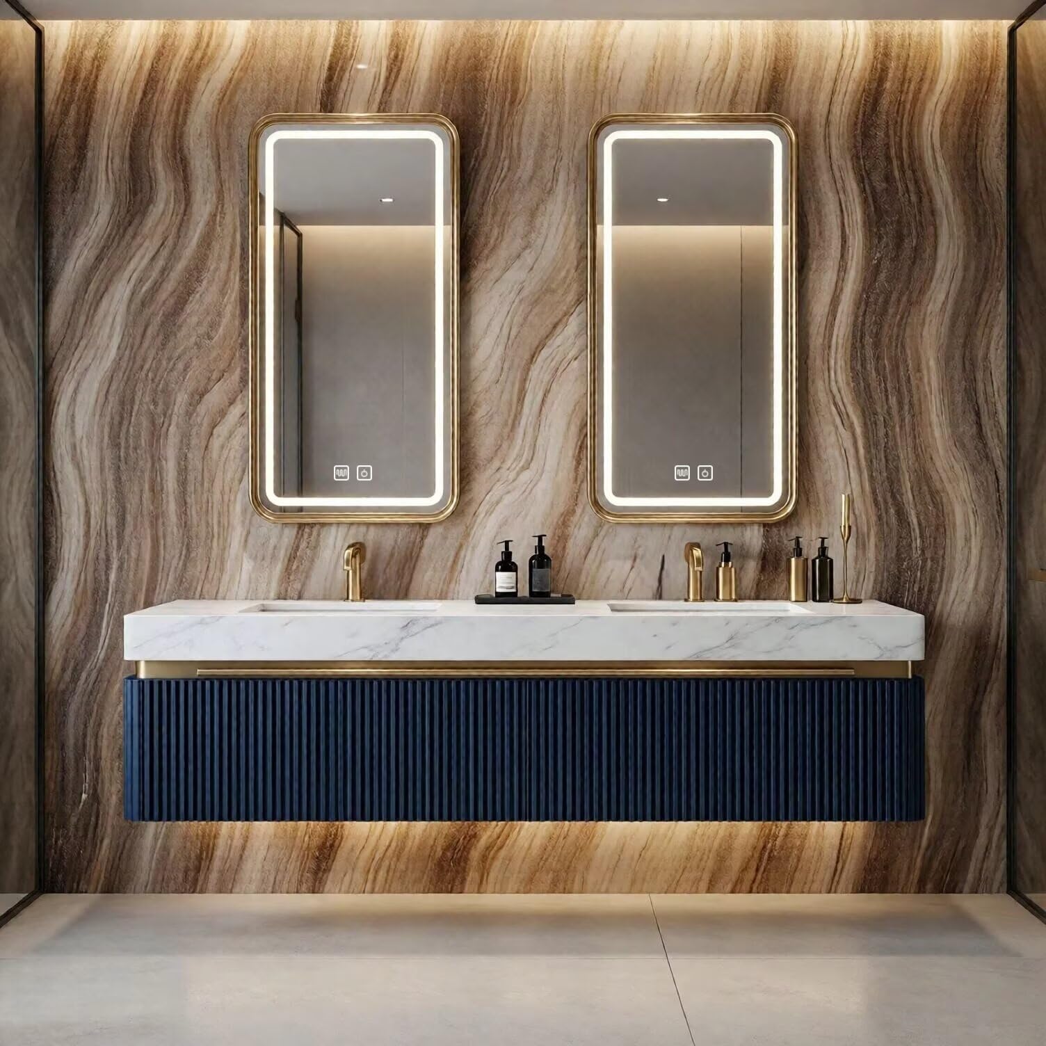 60"-84"Navy Blue Fluted Floating Bathroom Vanity with Marble Top & LED Lighted Mirror