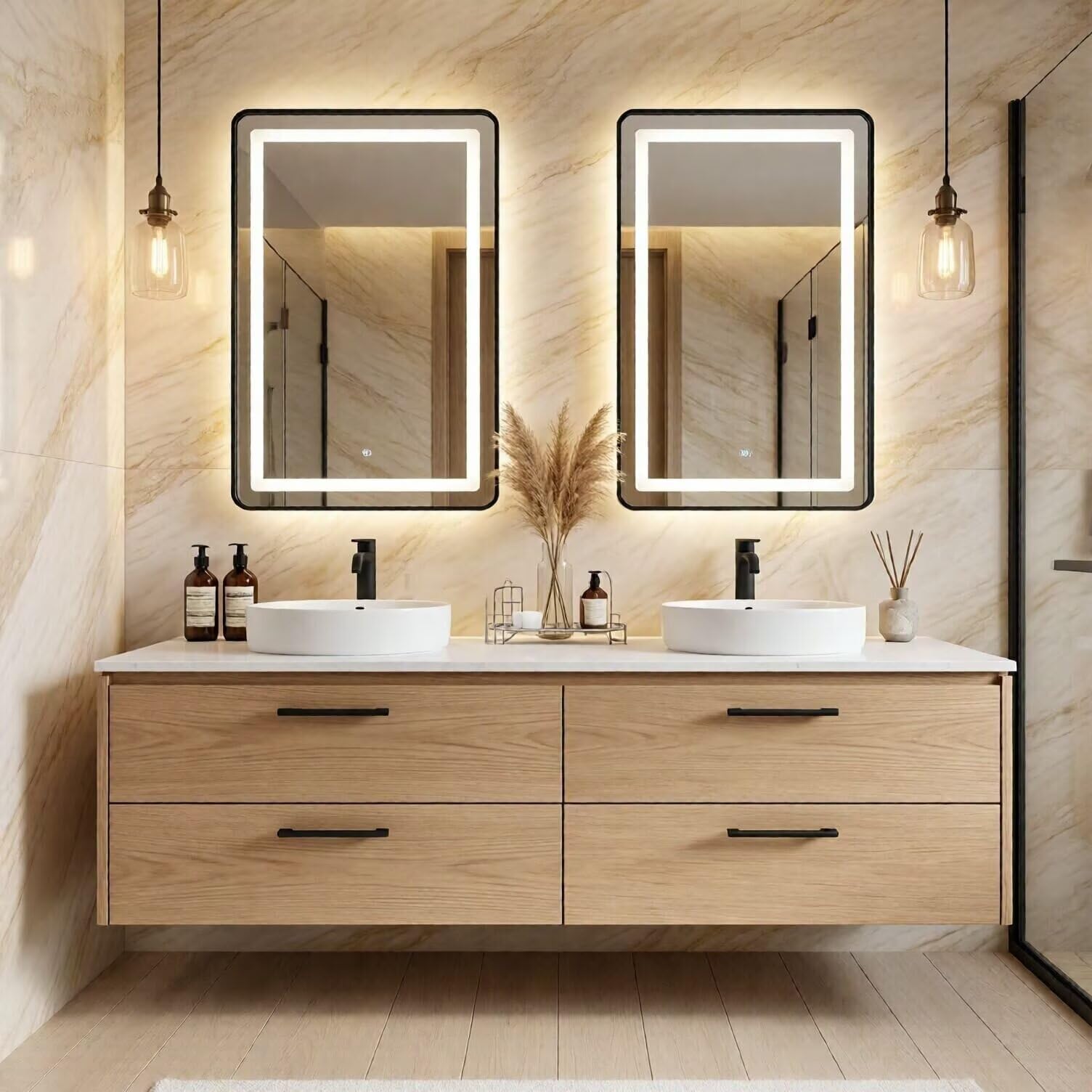 60"-96"Light Oak Floating Bathroom Vanity with Double Vessel Sinks & LED Mirrors