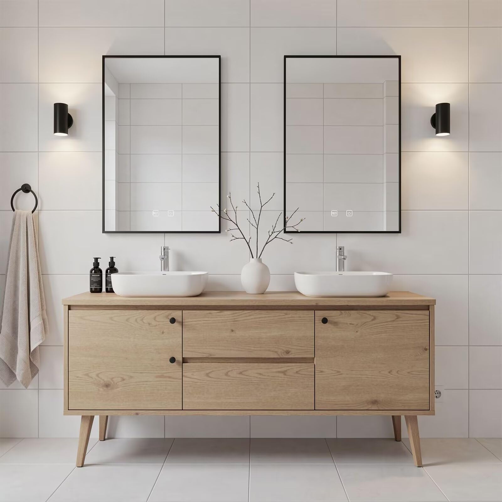 60"-96"Modern Scandinavian Bathroom Vanity with Double Sinks & Oak Cabinet