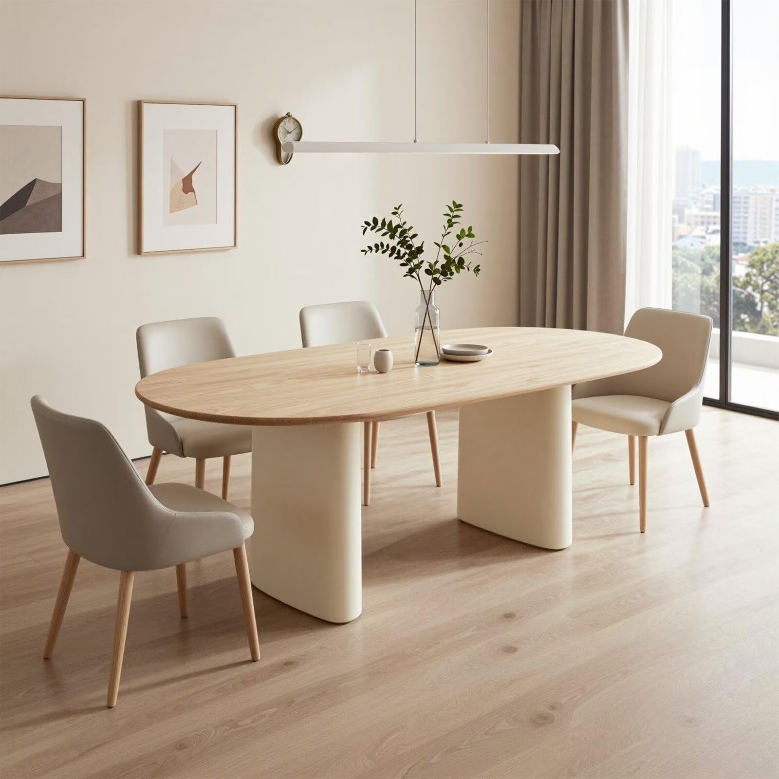 60"-80"Modern Oval Dining Table with Light Wood Top & Cream Base, Seats 4-6
